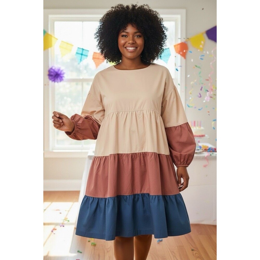 Aaron & Amber NEW oversized balloon sleeve colorblock tiered dress Large summer